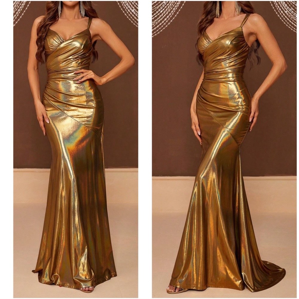 Luxe Metallic Ruched Party Mermaid Hem Formal Wedding Dress